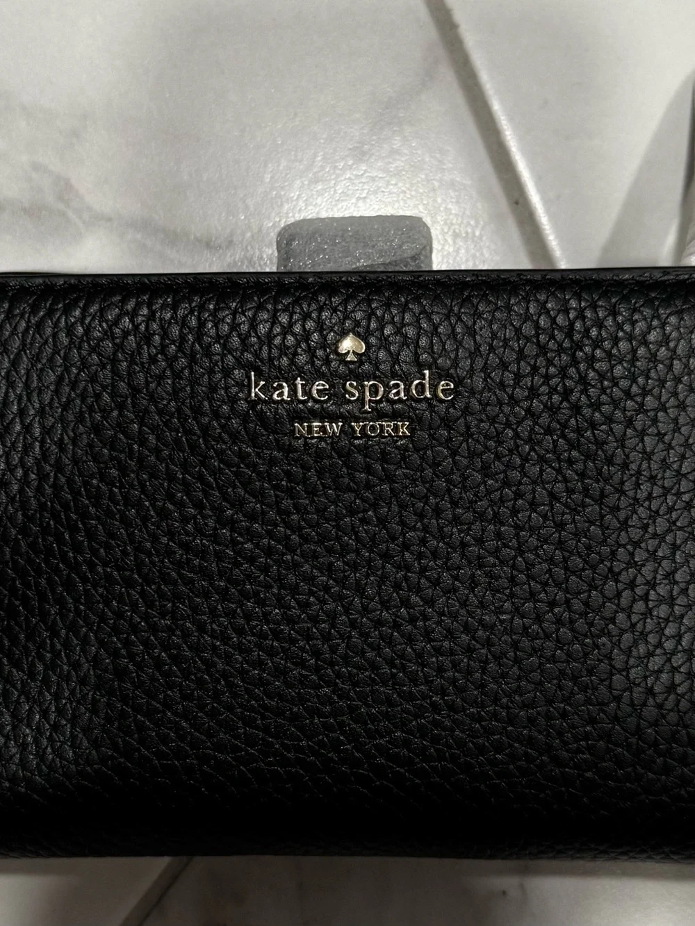 kate spade Black Pebbled Leather Zip Wallet with Gold Logo